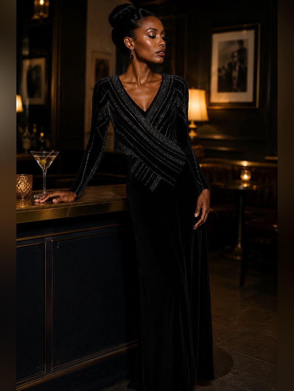 Vintage Cache Black Metallic Stripe Surplice Maxi Dress S/M/L